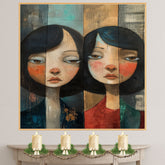 Moody Portrait of Two Girls Expressive Hand Painted Art Rustic Wood Texture Emotional and Thoughtful Wall Decor Perfect for Home Living Room or Office on Ready to Hang 1.5" Thick Canvas Wrap, Floating Framed Canvas, Flat Rolled Canvas